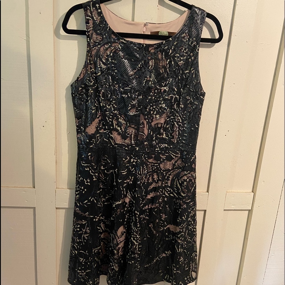 Eva Franco Anthropologie nude with black lace overlay mini dress size 10